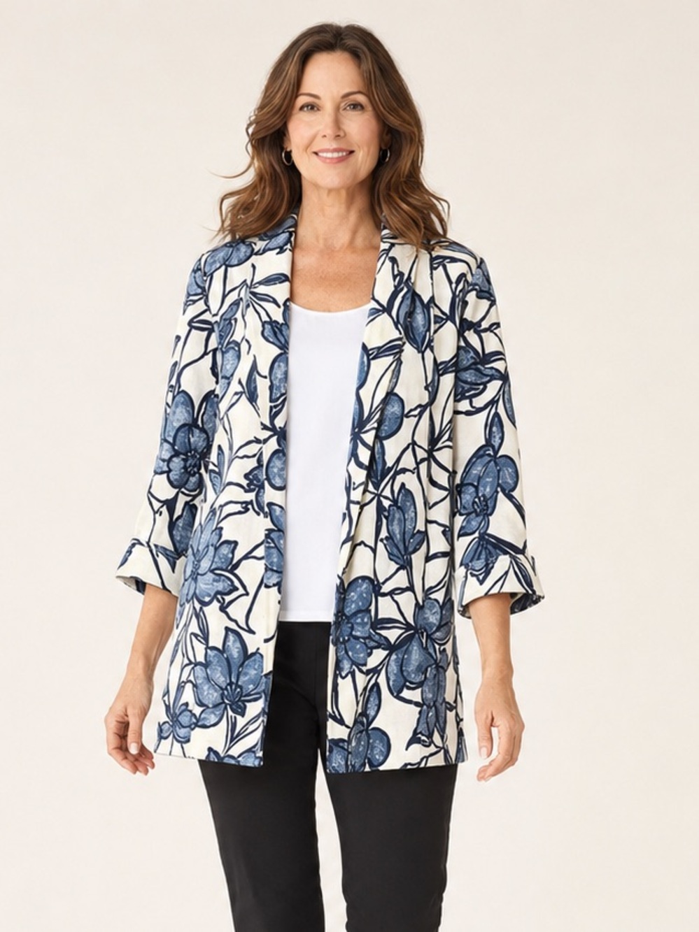 Chico’s Linen Blend Abstract Floral Open Front Jacket Navy White Size Small
